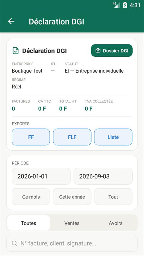 Le même écran Déclaration DGI sur téléphone